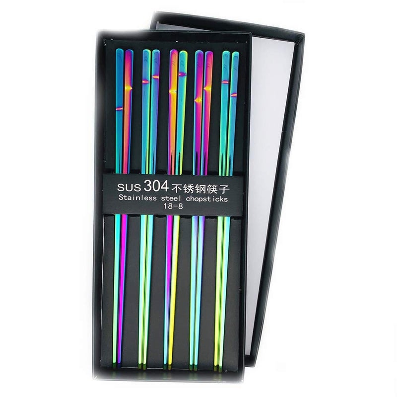 Koolemon 5pairs Polished Multicolor Rainbow 304 Stainless Steel Chopsticks Set,Metal Chopsticks Reusable, Dishwasher Safe, Traditional Chopstick,9.3inch,Chinese Japanese Chop stick - Image 1